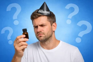 homme débutant regardant un flacon de poppers avec des points d'interrogation illustration erreur poppers débutant