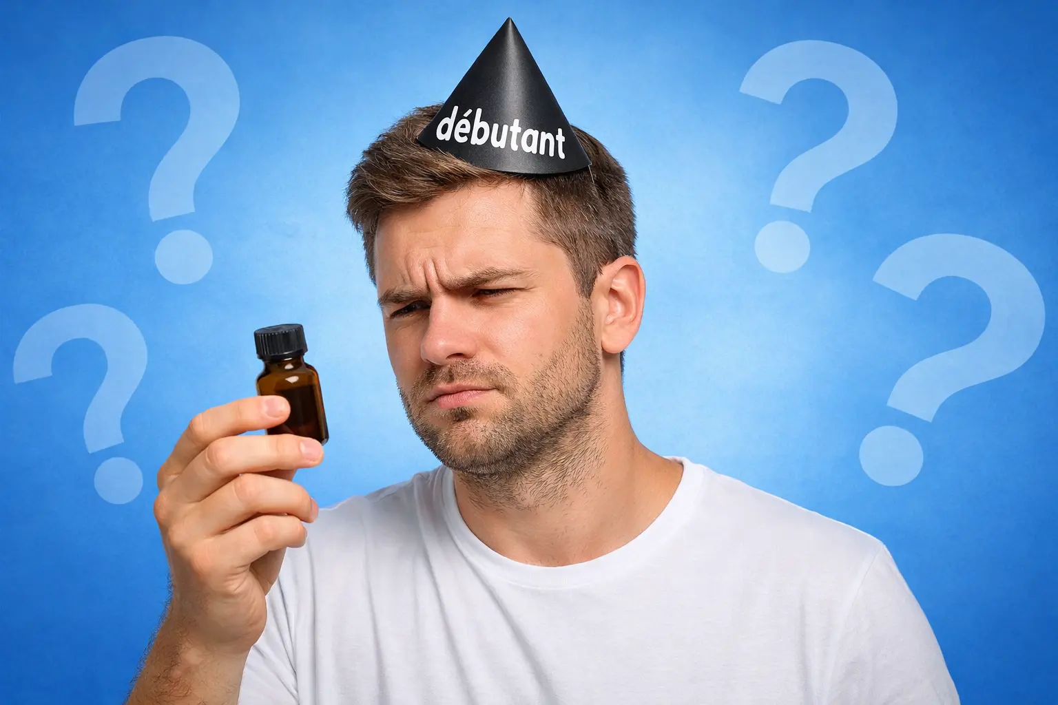 homme débutant regardant un flacon de poppers avec des points d'interrogation illustration erreur poppers débutant