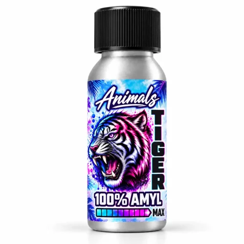 Poppers Animals Tiger 25 ml Amyl Max – flacon aluminium avec tigre bleu et violet