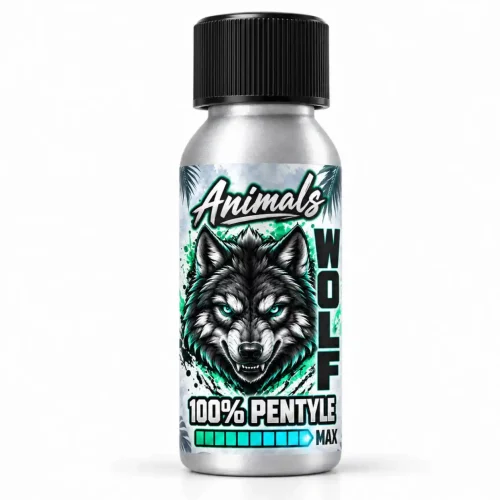 Poppers Animals Wolf 25 ml Pentyle Max – flacon aluminium Big One Aromas avec loup noir et turquoise